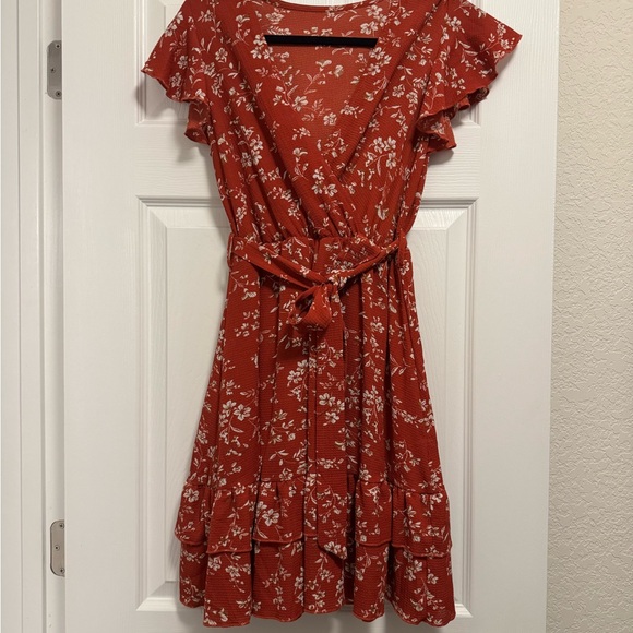 Red Floral Dress with Ruffle Sleeves - Picture 3 of 4